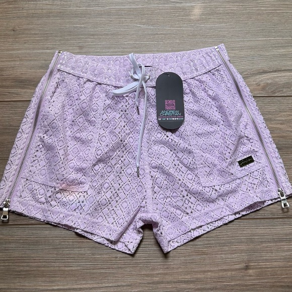 Andrew Christian | Miami Cabana Boy Art Deco 3" Zip Shorts Lavender Sparkle (L) - Picture 7 of 16